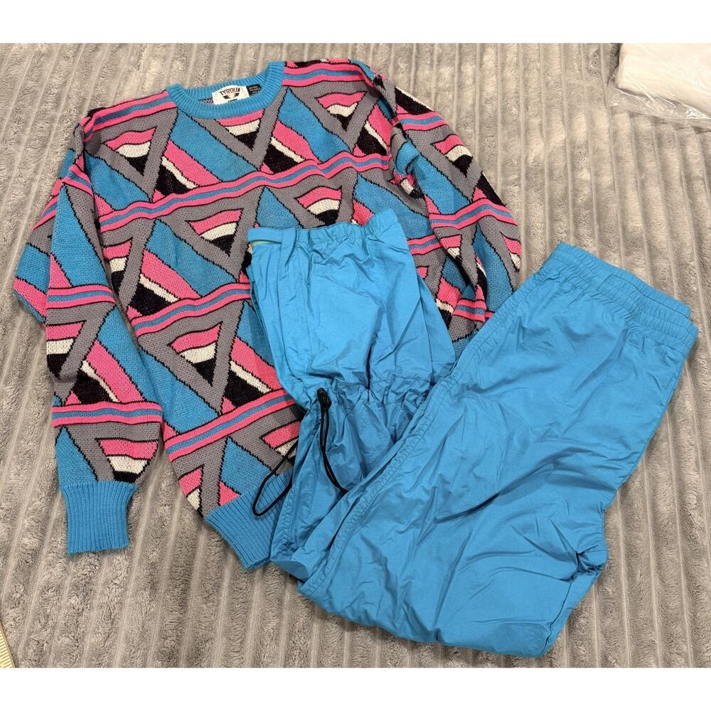 Vtg Tyrolia By Head Mens M VTG Handknit Wool Sweater Pants Set Teal & Pink 80s